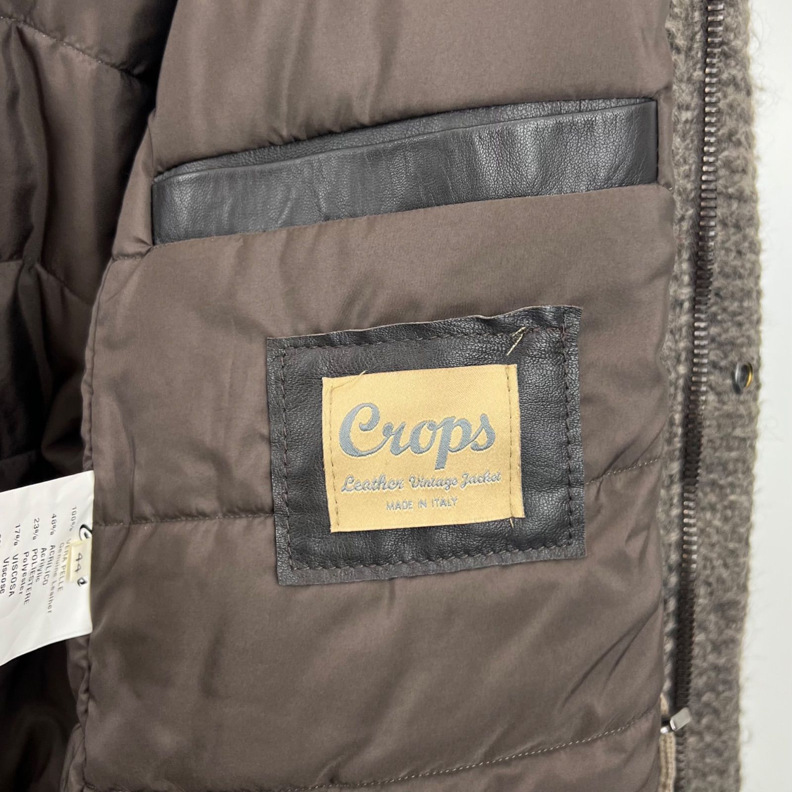 CROPS leather 00s ITALY archive wool × leather hoodie coat 44 クロップスレザー イタリア製 アクリルウールレザー 切替 フードコート KANDAIZUMI_COM