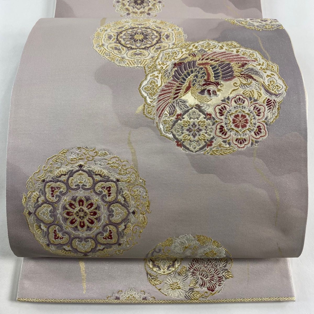 専用ページ袋帯 正絹 九百織京山八景 金糸銀糸に鳥 六通 U-4196 袋帯 美品 秀品 関西仕立て 華文 鳥 金銀糸 箔 灰紫 六通 正絹