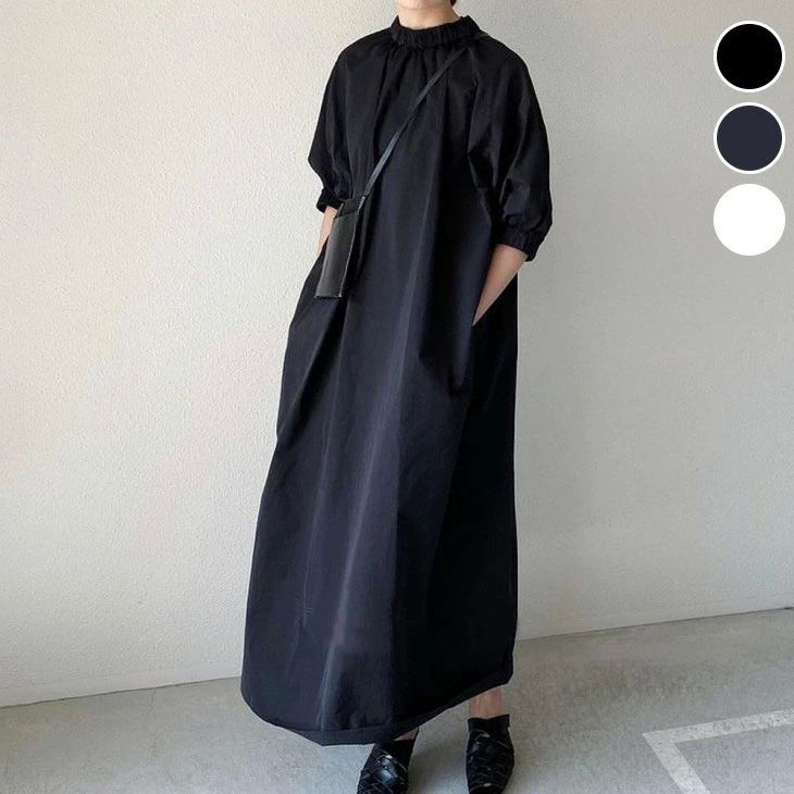 フリル ロング シャツワンピ ワンピース 5分袖 マキシ 無地 シンプル バックファスナー 春夏 おすすめ レディース オシャレ トレンド 人気 韓国 zzr0305195b5bd