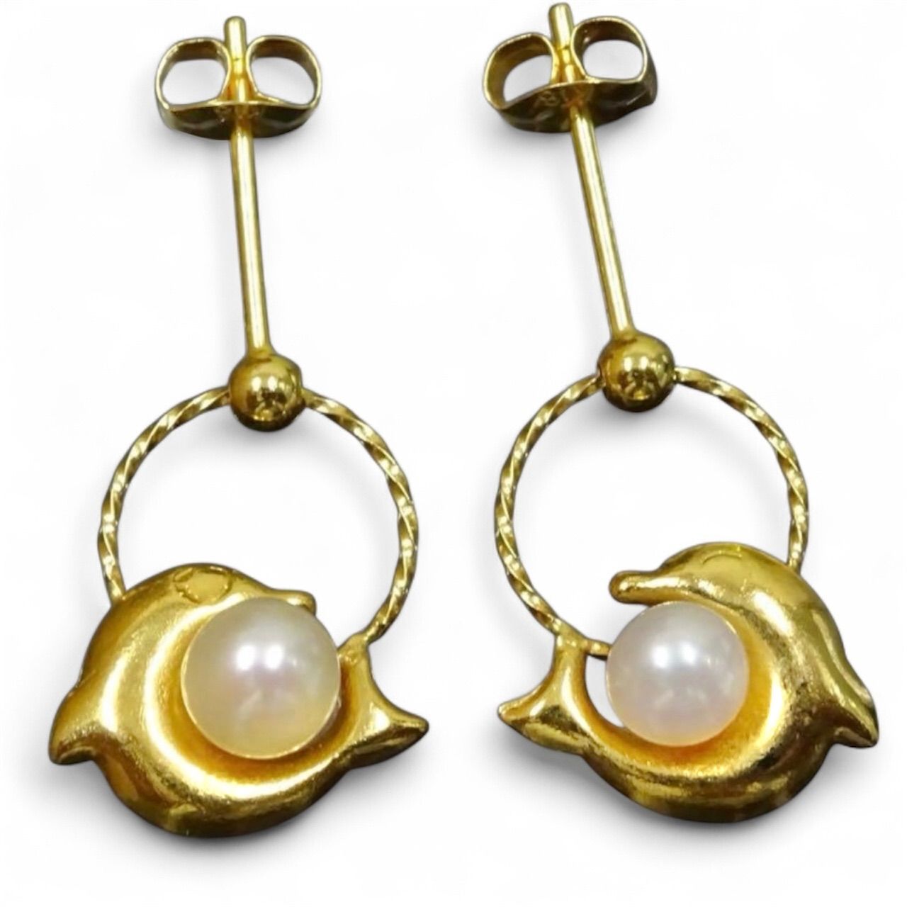 18金 K18 ゴールド GOLD 750 天然ベビーパール ぶら下がり イルカ デザイン ピアス 両耳 総重量約0.64g ジュエリー 宝石 貴金属 レディース 普段使い