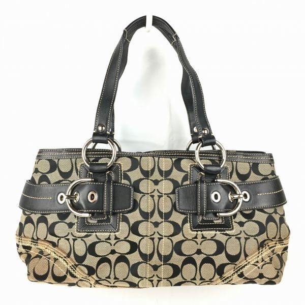 COACH|コーチ ミニボストンバッグ 黒|BLACK|ブラック ×ベージュ シグネチャー 内ポケット3か所 管NO.B1-31