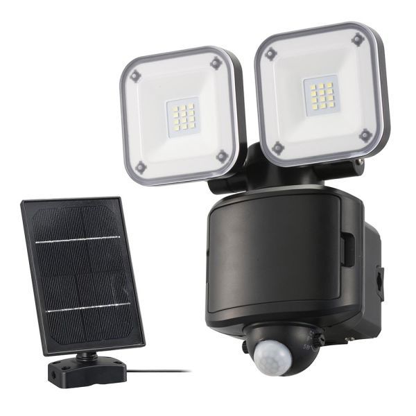 防犯LEDセンサーライト 2灯 1200 lm 昼光色 ソーラー充電 乾電池 単2形×3本使用 ソーラーパネル付属 保護等級IP44 ブラック LS-S120W2