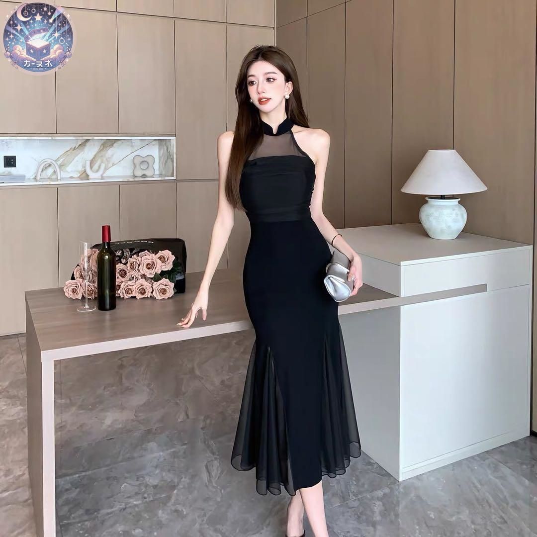 新品 未使用 シンプルホルターネック シースルー切り替えドレス♪結婚