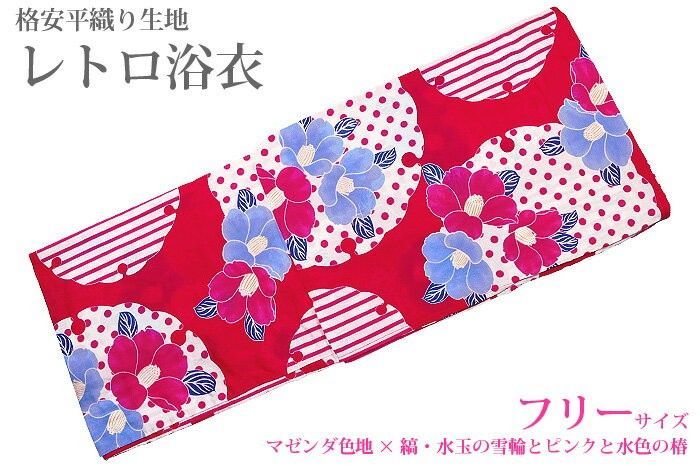 マゼンダ色地、白色の雪輪にピンク色の縞と水玉、ピンク・水色