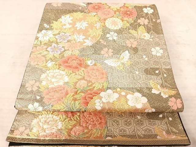 平和屋着物◎六通柄袋帯 唐織 花蝶文 金糸 正絹 逸品 AAAX7508yx