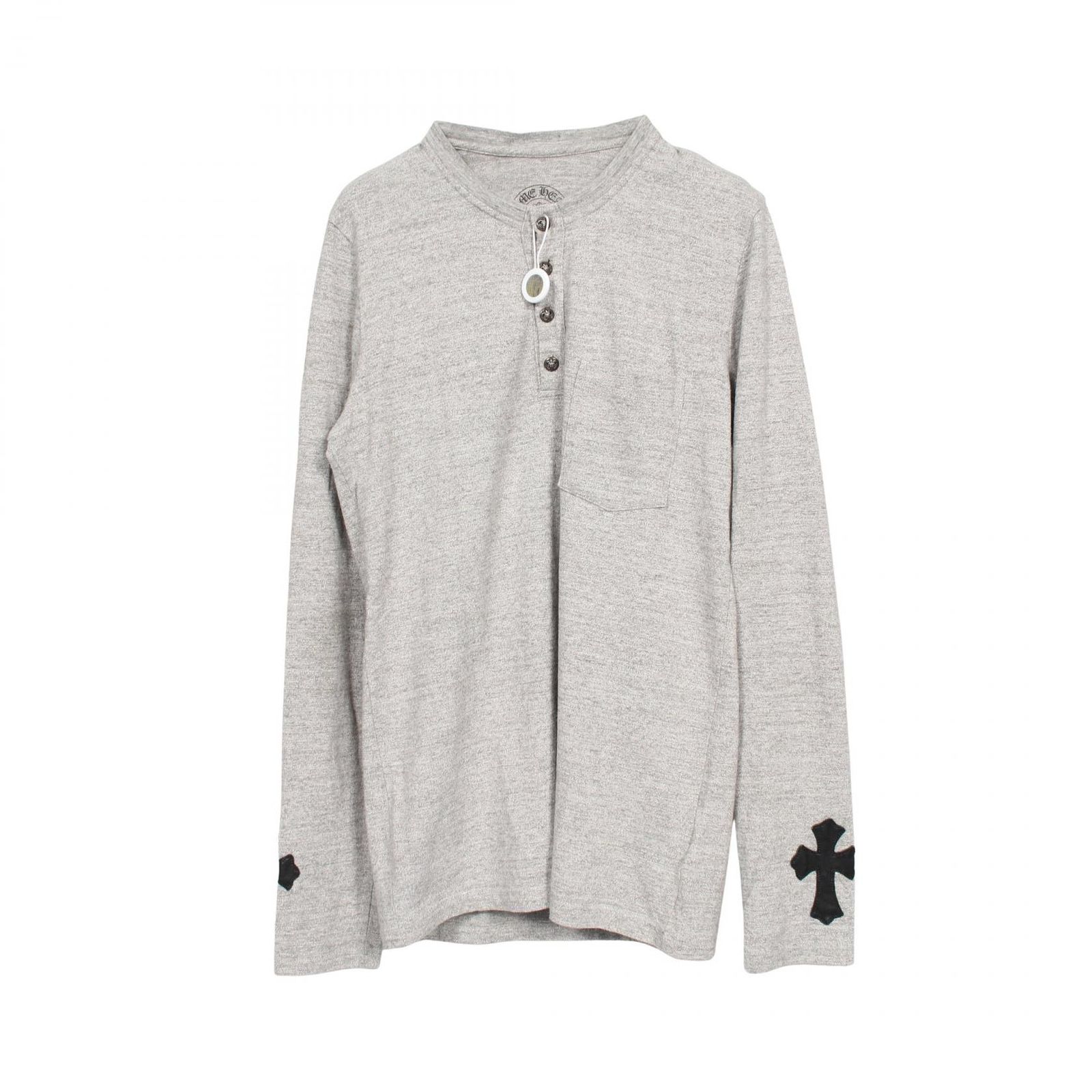 クロムハーツ CHROME HEARTS カットソー フレアボールボタン ヘンリーネック クロスパッチ コットン レザー Tシャツ メンズ Used A