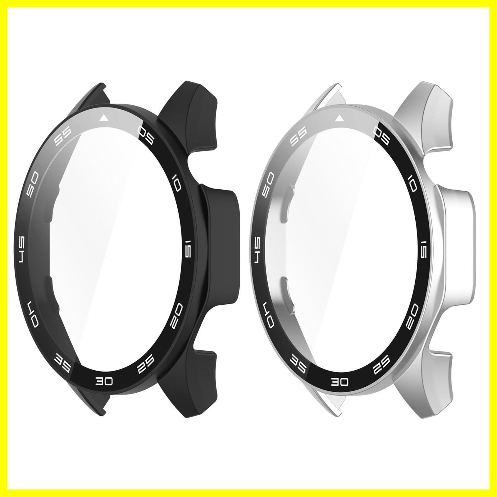 耐衝撃 保護カバー 一体型保護ケース アクセサリー 9H硬度 全面保護 数字印字 PC+強化ガラスフィルム 2個セット カバー (ブラック+シルバー) 46mm用ケース GT4 WATCH HUAWEI SHEAWA