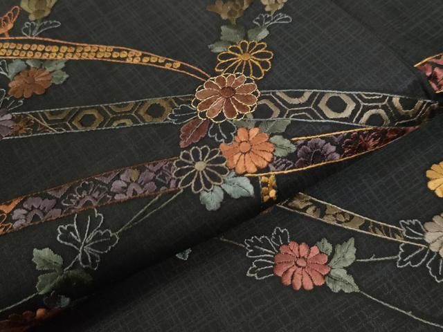 平和屋着物○本藍 訪問着 総刺繍 フクロウ 市松文様 金銀糸 正絹