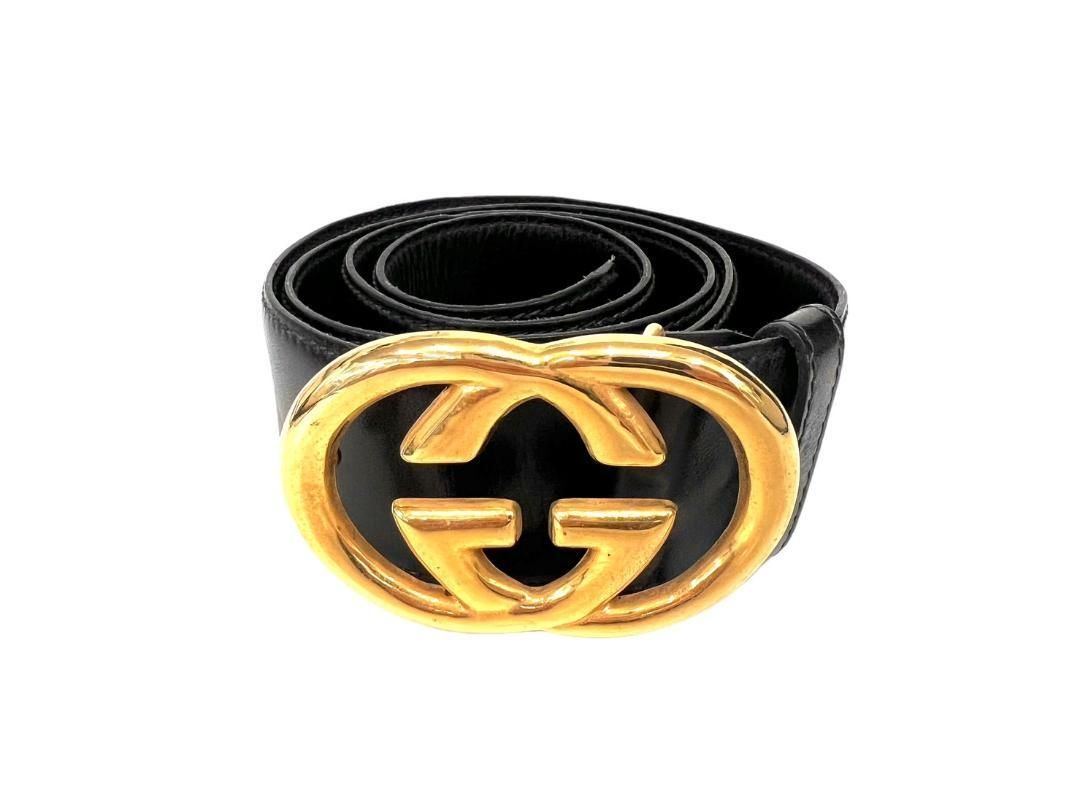 GUCCI インターロッキングG レザーベルト ブラック ゴールド金具 インターロッキングG ディテール付き ベルトグレー＆ブラック