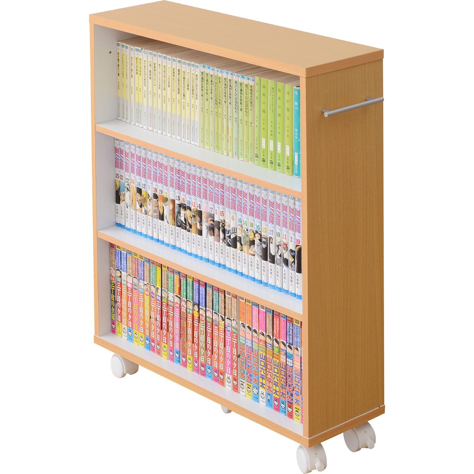 【在庫処分】組立品 収納目安105冊 (まんが) コミック ナチュラルビーチ 取っ手左右付け替えOK 幅57.5×奥行17×高さ68.5cm 本棚) (キャスター付き CCW-7055C(NB/WH) スリム 本棚 [山善]