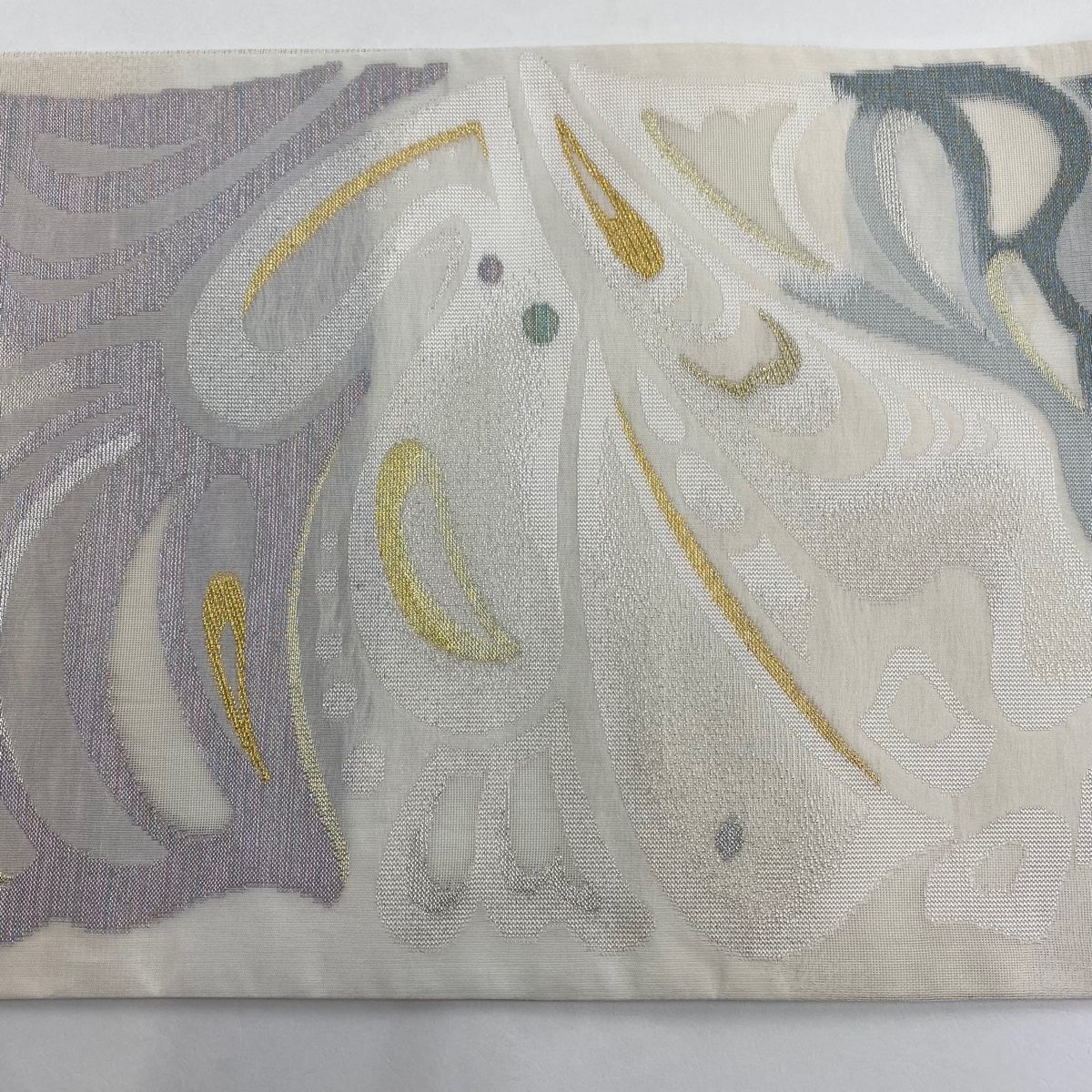 美品】 袋帯 名品 夏帯 幾何学模様 金銀糸 白 六通 正絹 【中古