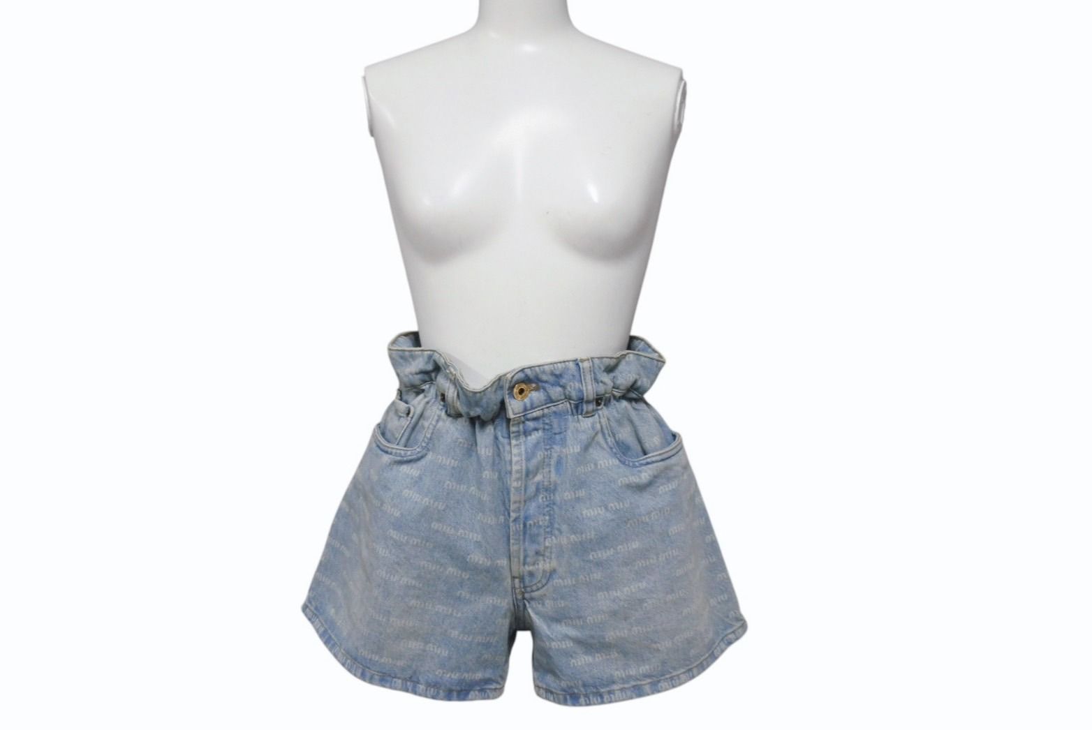 MIUMIU ミュウミュウ 総柄 デニム ショートパンツ ロゴ GWP300 コットン インディゴブルー ゴールド金具 サイズ24 4c066318