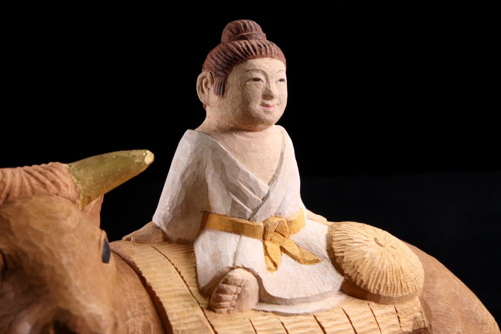仏師 久保田彫刻工房 久保田唯心刀 樟製 「騎牛帰家」彩色木彫置物