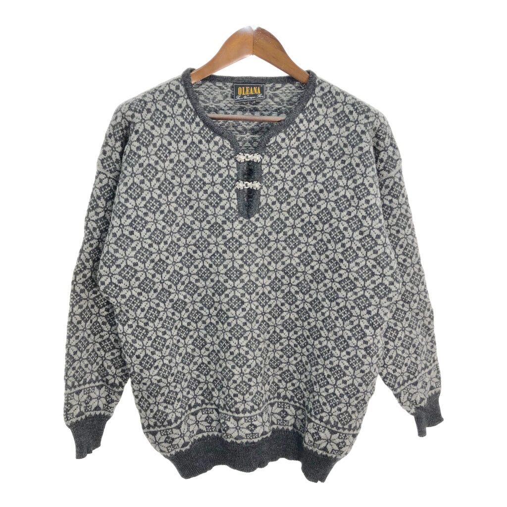 90年代 ノルウェー製 OLEANA ウール チロリアンニットセーター 総柄 グレー (メンズ L) 中古 古着 R0871