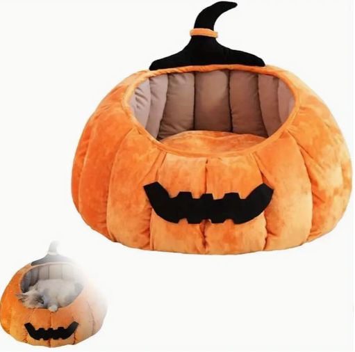 屋内猫用のかわいいパンプキン猫ベッド かわいいハロウィン猫ベッド パンプキン形の暖かい猫ベッド猫ハウス半閉鎖 小型中型犬猫用-オレンジ
