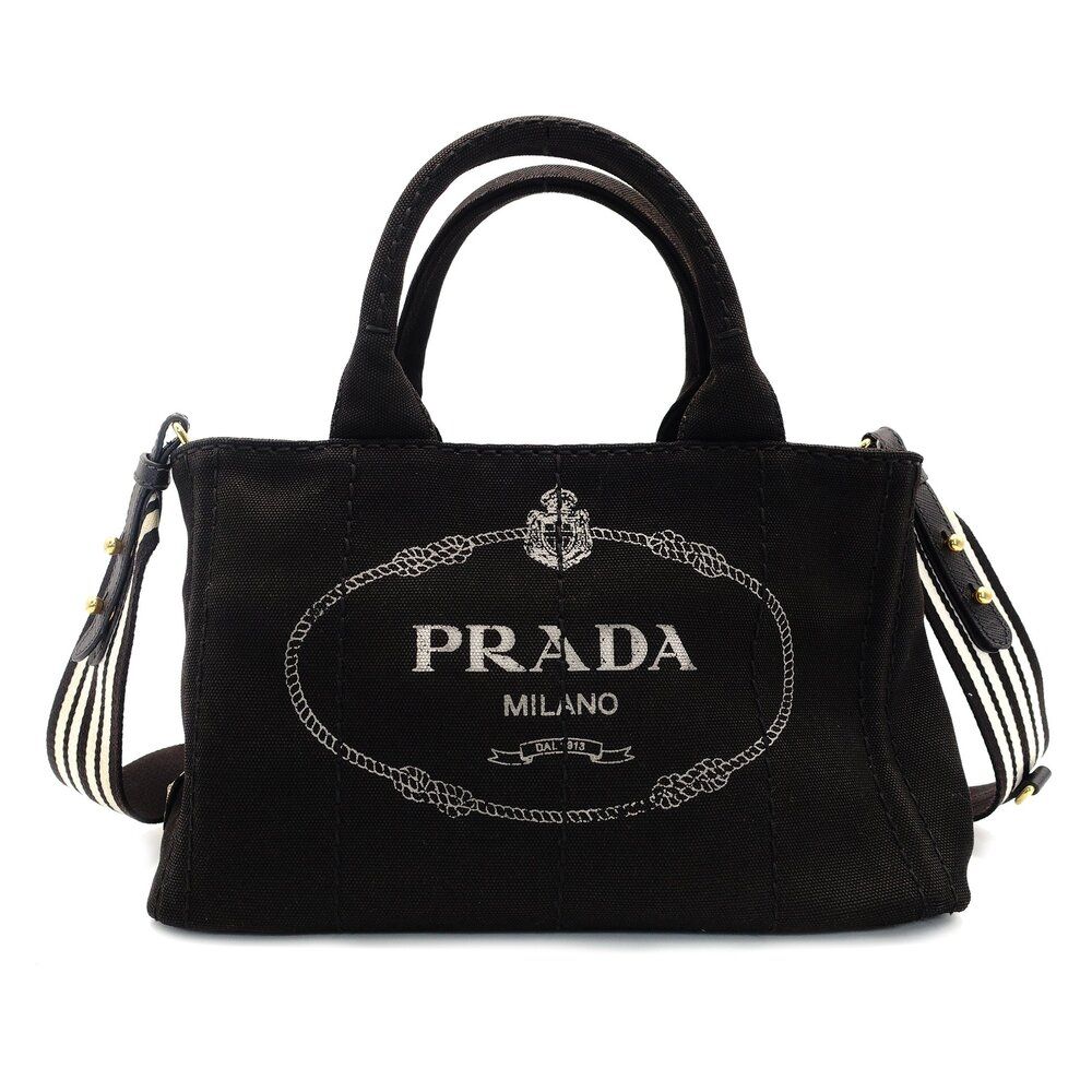 プラダ PRADA カナパ ミニ ハンドバッグ キャンバス ブラック 2way 黒 ストライプ クロスボディ ロゴ 7-9-345
