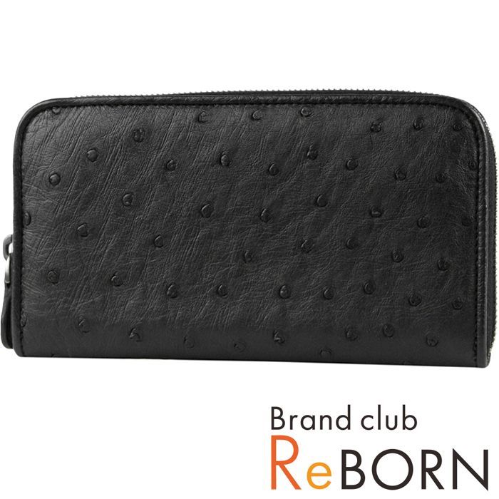 〔未使用品〕ボッテガ ヴェネタ/BOTTEGA VENETA　オーストリッチ ラウンド長財布　オーストリッチ　ブラック×ガンメタル金具　114076