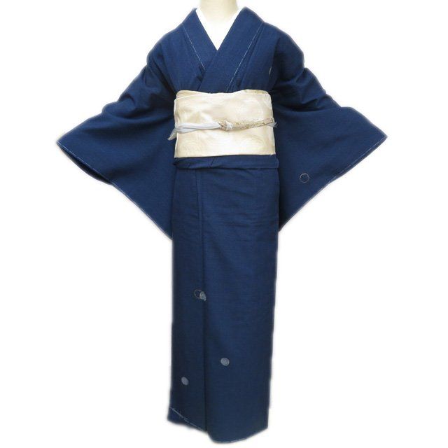 お召し 御召 着物 ♥ 正絹 袷 セミフォーマル 亀甲絣模様 雪輪模様 濃紺色 金 身丈161.5cm 裄67cm M きもの北條 A1287-5