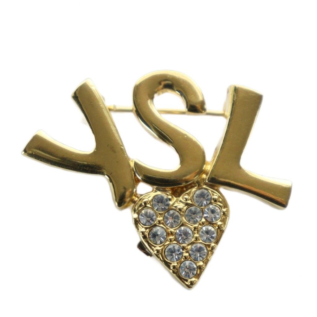 YSL イヴ・サンローラン ロゴ ラインストーン ブローチ ゴールド 美品
