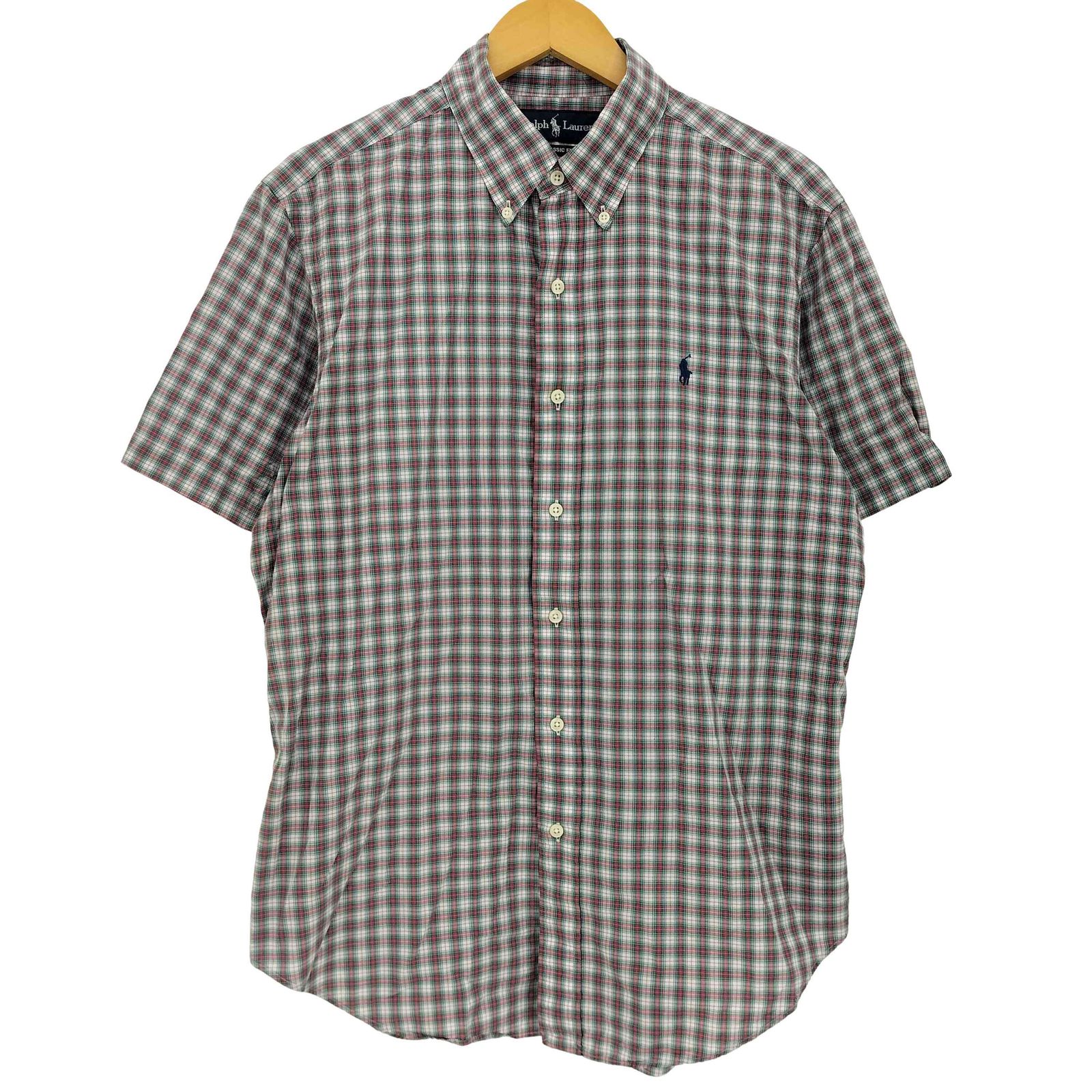ラルフローレン RALPH LAUREN CLASSIC FIT ポロ―刺繍 チェック ボタンダウン半袖シャツ メンズ import：L 