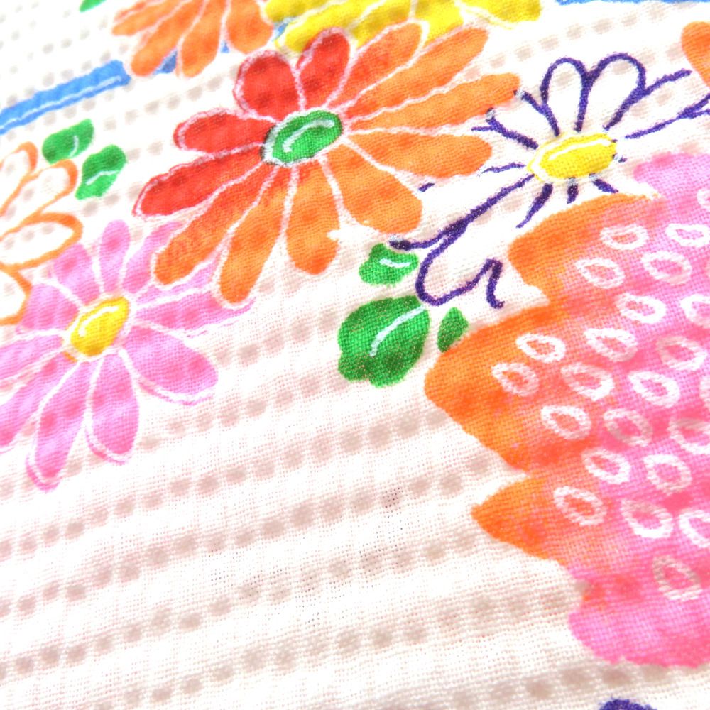 浴衣 子供ゆかた 女の子用 綿 リップル生地 白色 蛍光カラー 花 夏用 夏物 女児