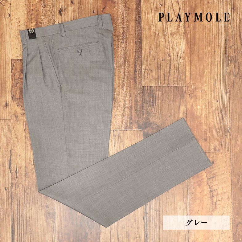 PLAYMOLE/82cm/スラックス パンツ 清涼サマーウール カシミヤ混 無地 ツータック 上品 クラシコ 美脚 新品/グレー/id382/