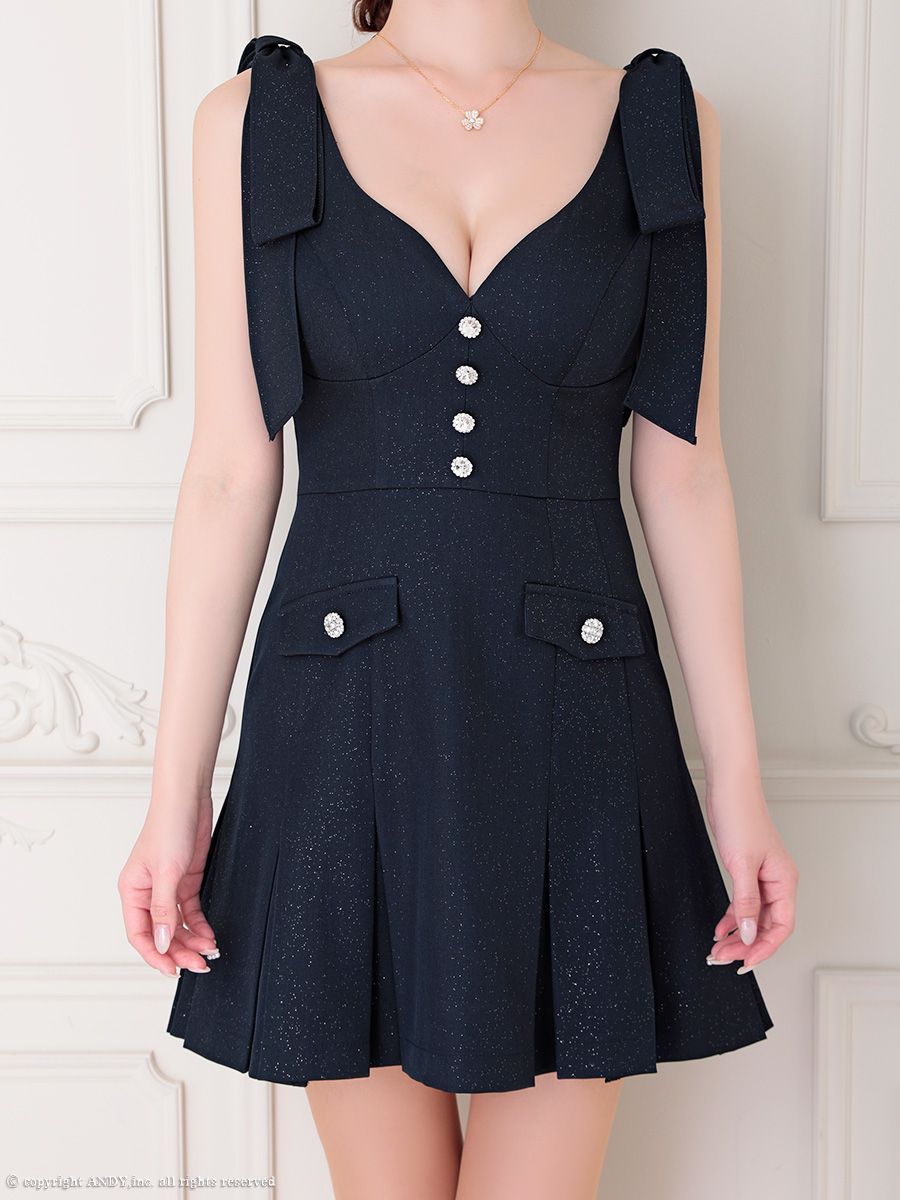 ネイビーS OF 05 AOC 3934-W-2506 an アン ショルダーリボン ラメ ビジューボタン Vネック シンプル ノースリーブ プリーツ フ ミニドレス キャバドレス