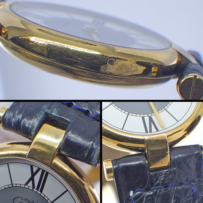 カルティエ Cartier 腕時計 マスト ヴァンドーム ヴェルメイユ 590004 ローマン インデックス ホワイト&amp;グレー 文字盤 SV925 GP ブラック アリゲーター レザーベルト クオーツアナログ 【中古】 カルティエ マストヴェルメイユ 590004 925×革 QZ 白文字盤 防水NG