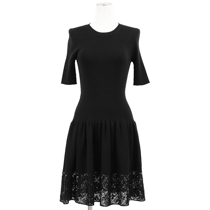 LOUIS VUITTON ルイ ヴィトン ワンピース ニット LV ロゴ モノグラム 刺繍 エンブロイダリー レース × スパンコール ギャザー チュール ハイゲージ ドレス レディース サイズ S ブラック 黒 イタリア製