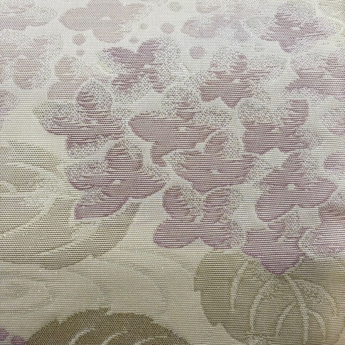 袋帯 秀品 夏帯 紗 紫陽花 水面 箔 金糸 ベージュ 六通 正絹 【中古 
