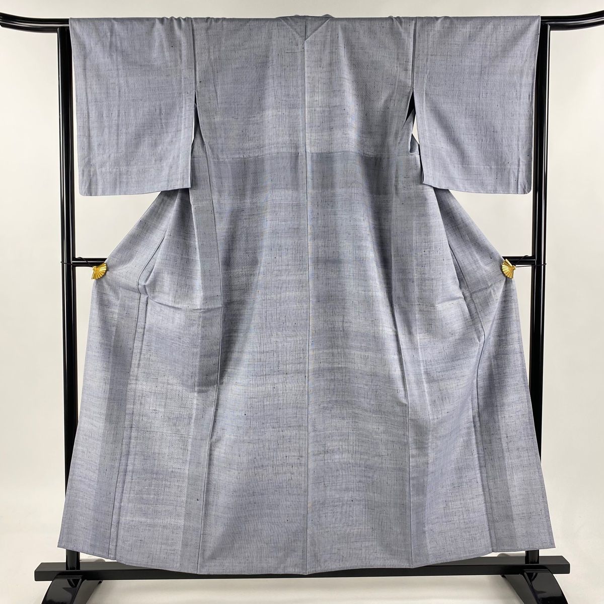 塩沢紬 身丈158cm 裄丈64.5cm M 単衣 証紙 格子 青灰色 正絹 名品