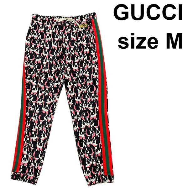 ●◆ グッチ GUCCI パンツ フレンチブルドッグ 犬 ストライプ シェリー 黒 ピンク 赤 グリーン コットン M メンズ S5W277