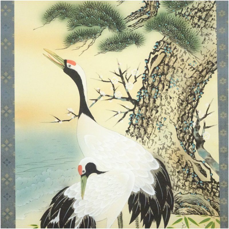 珠 香 筆 （ 肉筆画 ） 題目 【 松竹梅鶴亀の図 】 自題共箱 タトウ箱 珠 香 筆 （ 肉筆画 ） 題目 【 松竹梅鶴亀の図 】 自題共箱