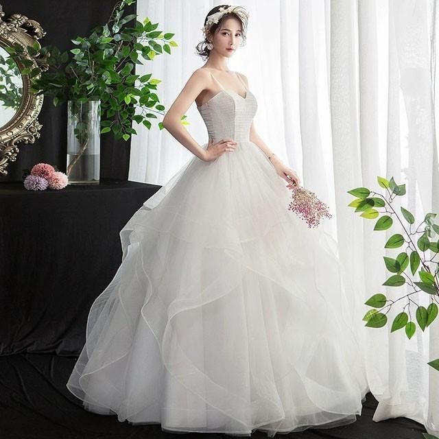 ウェディングドレス Aライン キャミドレス フ ホワイトドレス 結婚式 花嫁 プリンセスドレス 編み上げ ロングドレス 披露宴 二次会 パ