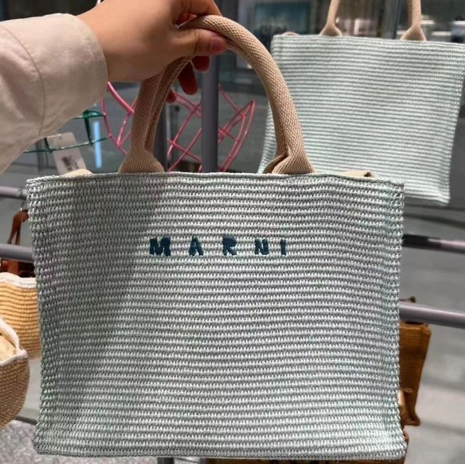 MARNI マルニ トートバッグ ブルー かごバッグ ショルダーバッグ 無地 刺繍 手提げ 肩掛け 2way 通勤 旅行