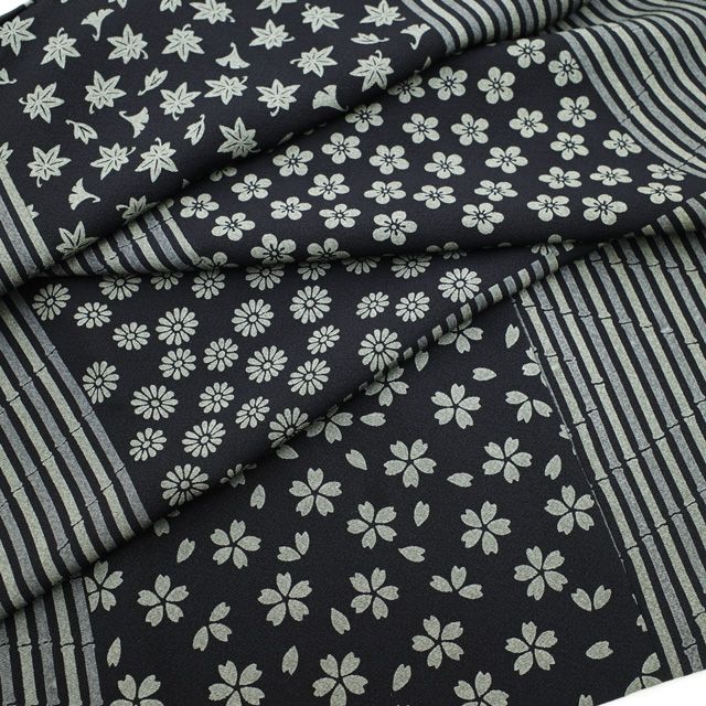 中古】 道中着 コート 袷 上質 黒 グレー 桜 菊 梅 楓 竹縞 市松 正絹