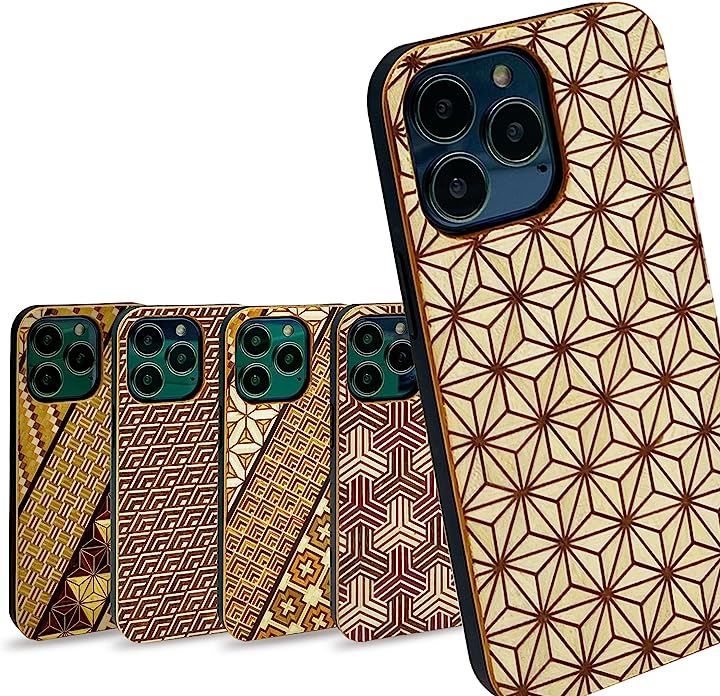 Lamplanning 寄木細工 スマートフォンケース iPhone アイフォン 木製 TPU 耐衝撃 日本製 麻の葉 Modernデザイン( 麻の葉（Modernデザイン），  iPhone13Pro)