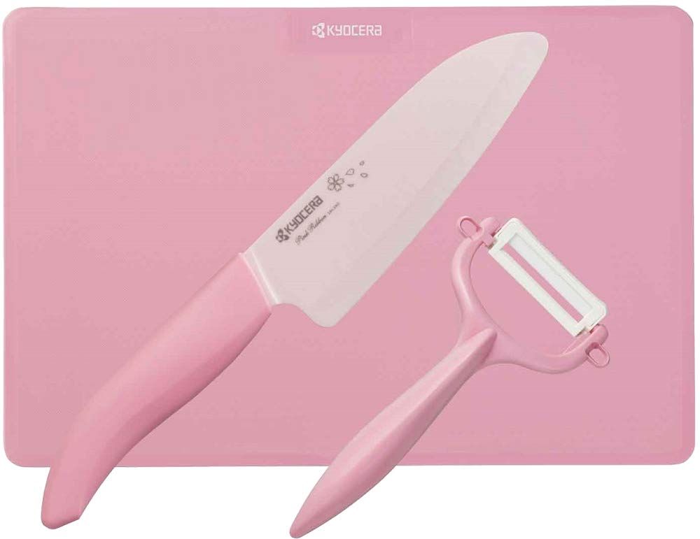 京セラ 包丁 ピーラー まな板 ファイン セラミック 三徳 14cm キッチンセット 無料研ぎ直し券 付き サクラ 2020年 Kyocera GF-P300-IPKR サクラ2020年モデル ピンク刃 03 キッチン3点セット