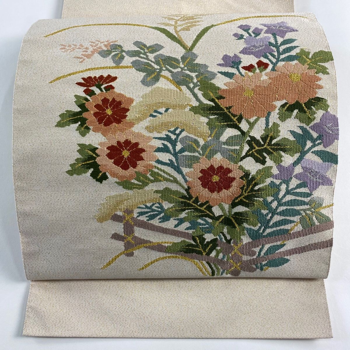 名古屋帯 秀品 松葉仕立て トンネル仕立て 八寸名古屋帯 秋草 金銀糸 薄ピンク 正絹