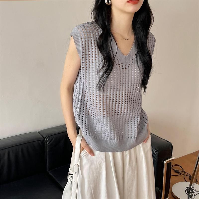 メッシュニット 透かし彫り Vネック インナー付き レディース 重ね着 フレンチスリーブ Tシャツ 通気性 シアース 送料無料】メッシュニットベスト 透かし彫り Vネック インナー