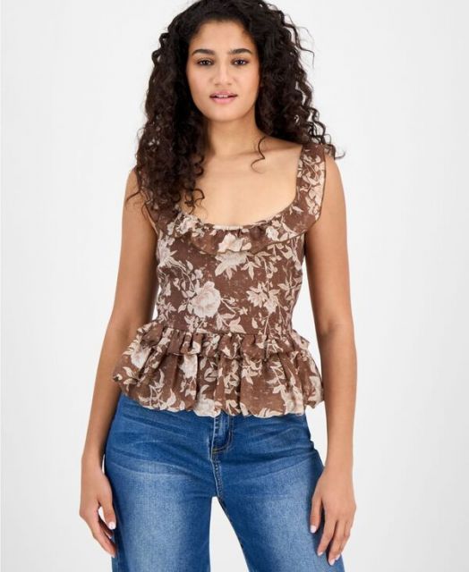 送料無料 アンドノウディス レディース シャツ トップス nd Now This Women s Ruffle-Strap Bubble-Hem Top P|XXS-XXL Brown Floral