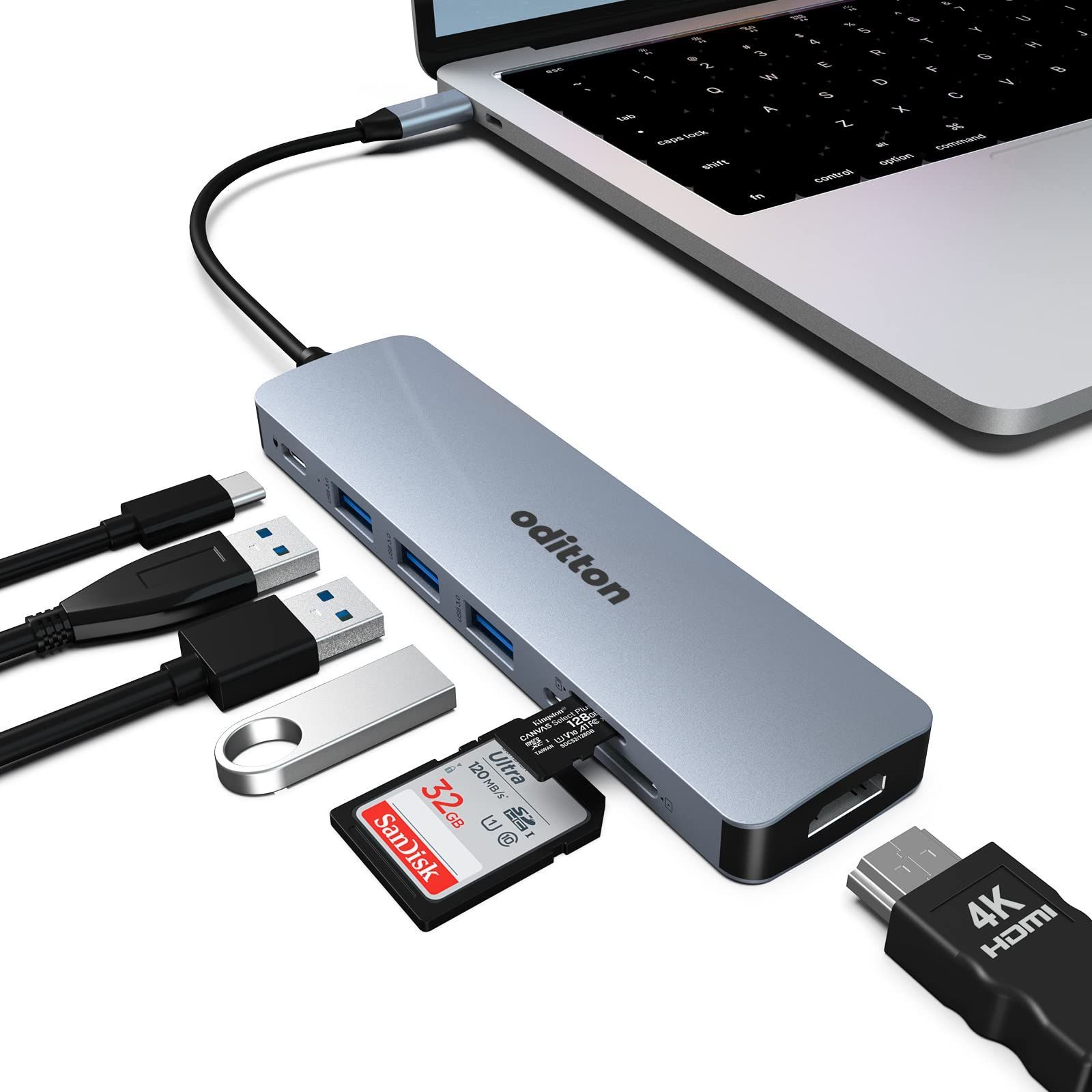 USB ハブ、oditton USB ハブ 3.0 4 ポート超フラット データ ハブ