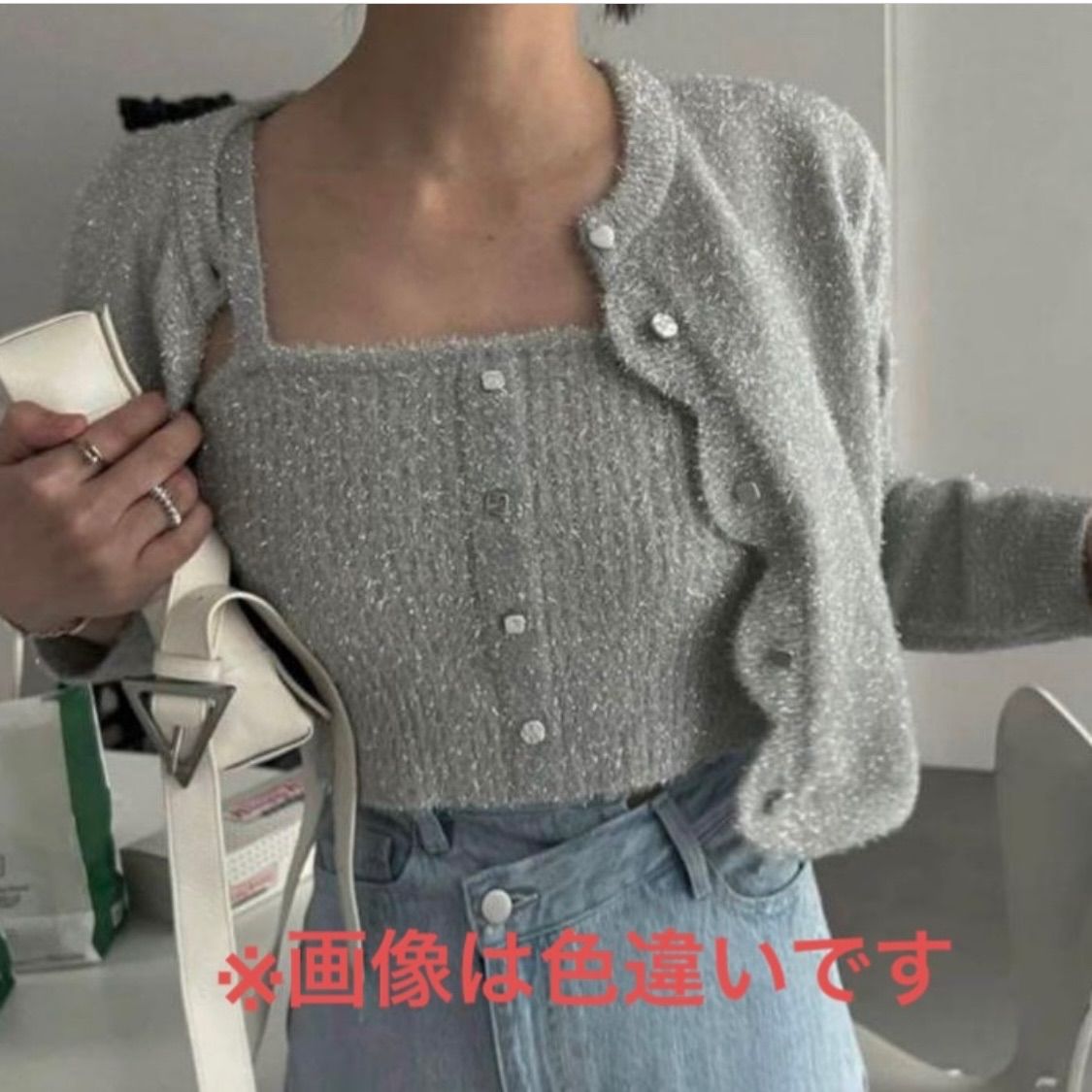 ウィルフリー willfully 24SS bustier & cardigan set アンサンブルニット ラメ ショートカーディガン 長袖 ビスチェ F グレー willfully ウィルフリー bustier & cardigan set アンサンブル