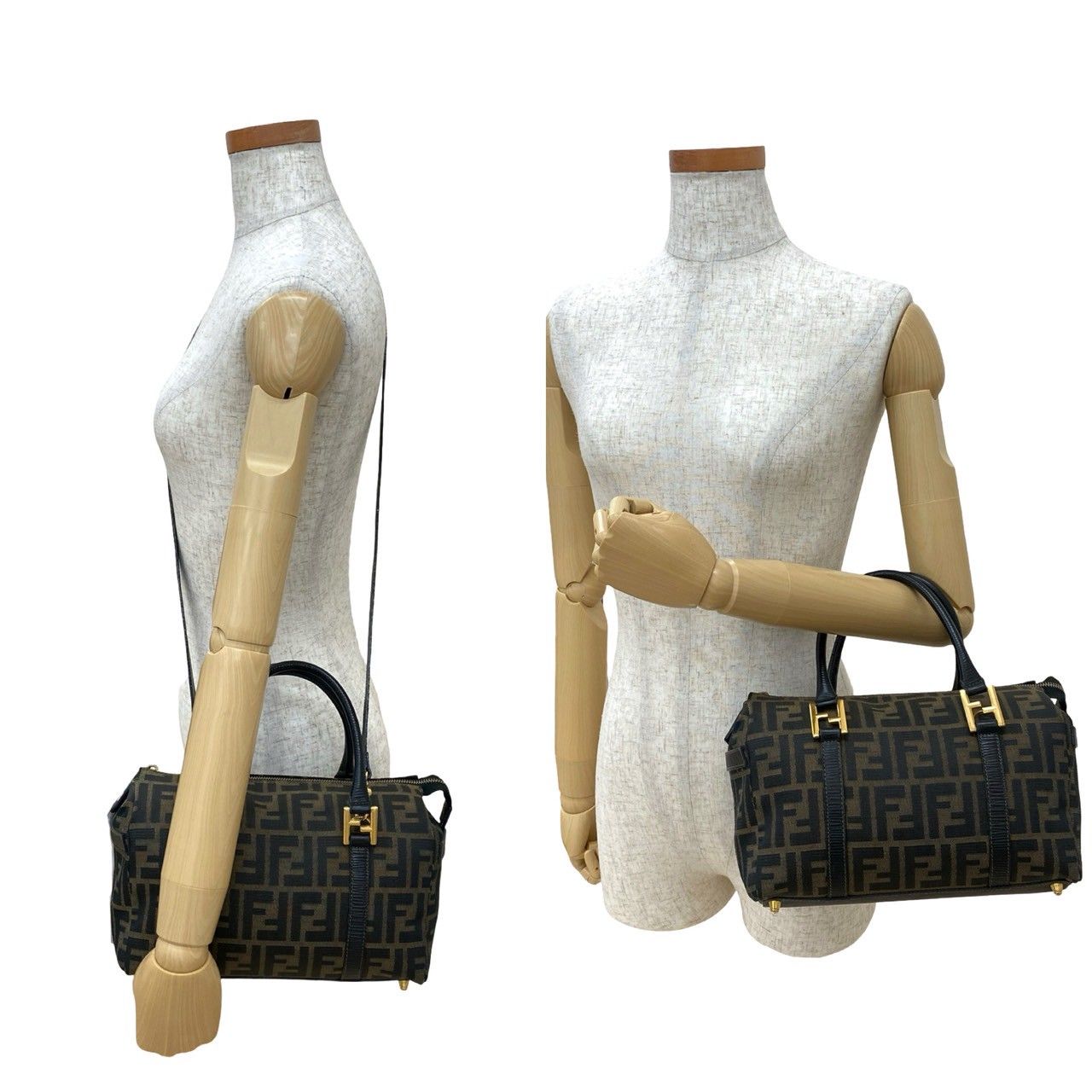 極 美品 FENDI フェンディ ズッカ FF 柄 レザー 本革 ナイロン
