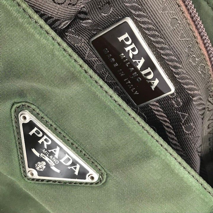 良品 PRADA プラダ ナイロン テスート ハンド バッグ カーキ 三角ロゴ