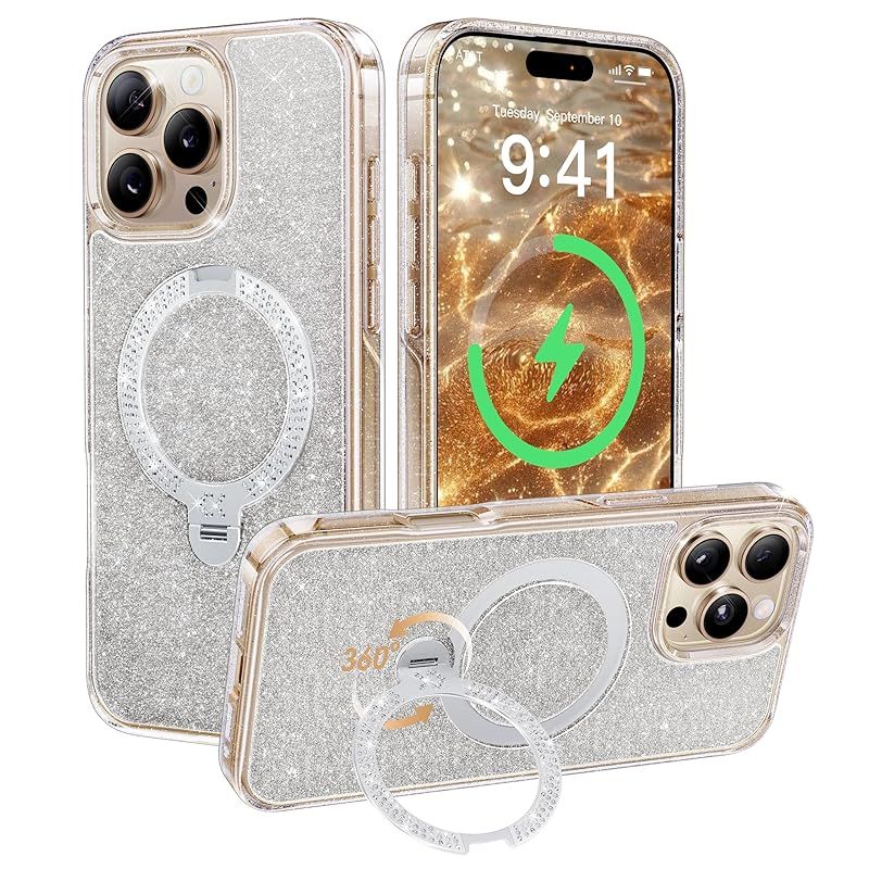 在庫 透き通る上質感 定点360°回転 CASEKOO iPhone 16 Pro Max 用ケース キラキラ クリア 米軍規格保護 フィット感 MagSafe対応 最大25W急速充電対応 横縦両立 角度自在 超強磁力 耐衝撃 高耐久性 ラップホ 0