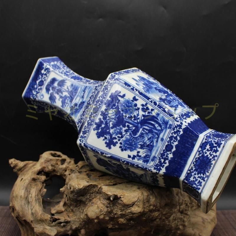 清乾隆青花人物花鳥六方賞瓶 景徳鎮 陶磁器 装飾品 現代工芸品 美術品 置物 清乾隆青花人物花鳥六方賞瓶 景徳鎮 陶磁器 装飾品 現代工芸