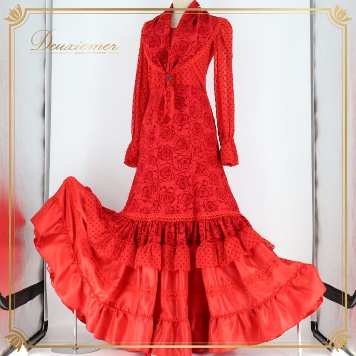 フラメンコ 衣装 ソニアジョーンズ SONIA JOHNES トップス ファルダ スカート シージョ ツーピース レッド セットアップ 赤 上下セット ボランテ フリル 水玉 ドット ベロア 薔薇 レッド系 フラメンコ衣装 感 ツーピースセットアップ 赤系