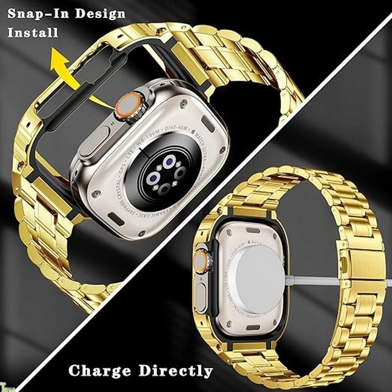 MioHHR ステンレススティール製バンド ケース互換性 Apple Watch Bands 49mm 金属製保護バンパーカバー付き頑丈なストラップ iWatch Ultra 3 2 1 男性用 ゴールド a