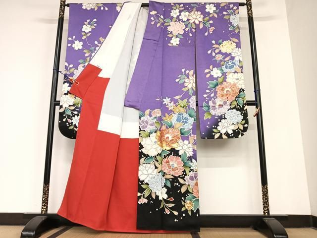 平和屋着物●豪華振袖 駒刺繍 草花文 枝垂れ桜 暈し染め 金銀彩 正絹 AABB6593zg